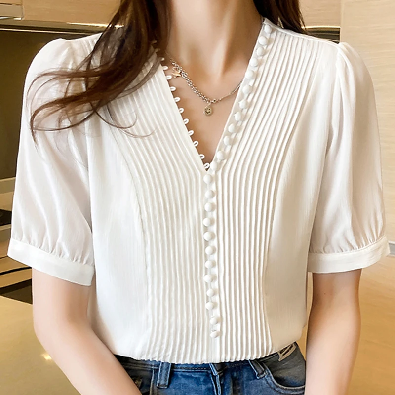 

Blouse Top Femme Short Sleeve White Women's Kimono Women Blusas Mujer De Moda 2022 V-Neck Chiffon Blouse Shirt