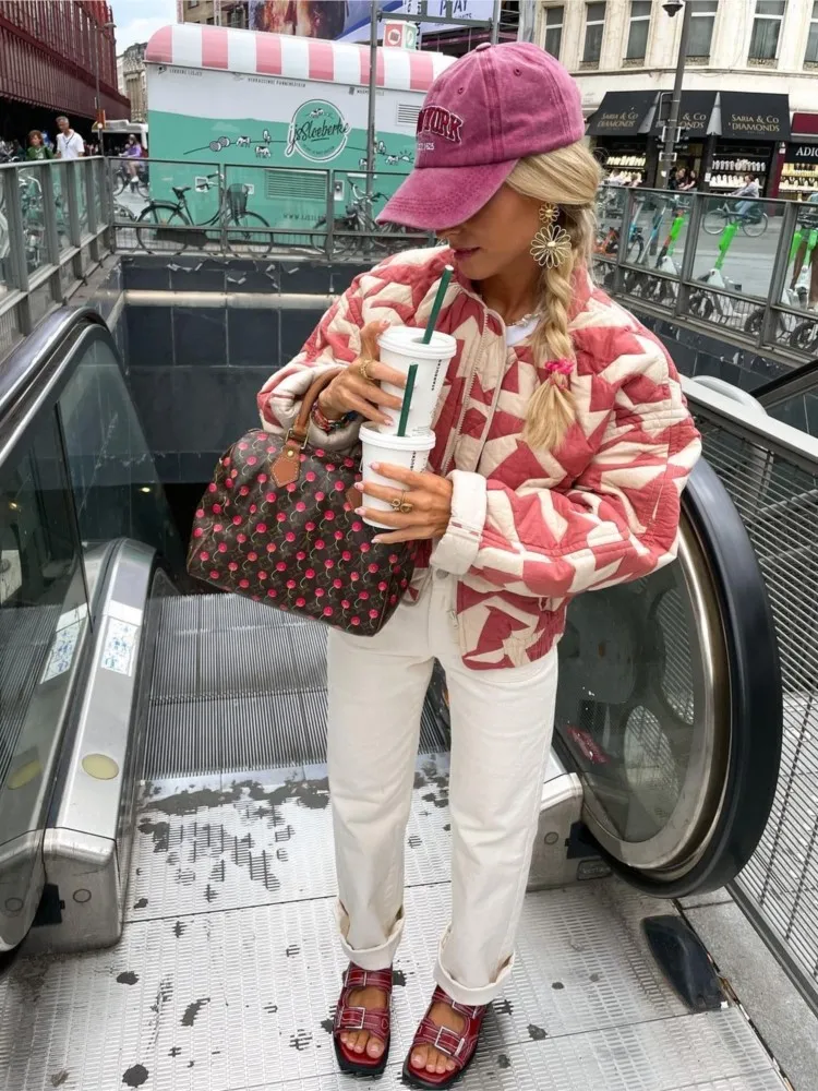 

Женская Двухсторонняя куртка с длинным рукавом и винтажным принтом, Повседневная хлопковая теплая куртка с открытой передней частью, Осень-зима 2023, модные парки, топы