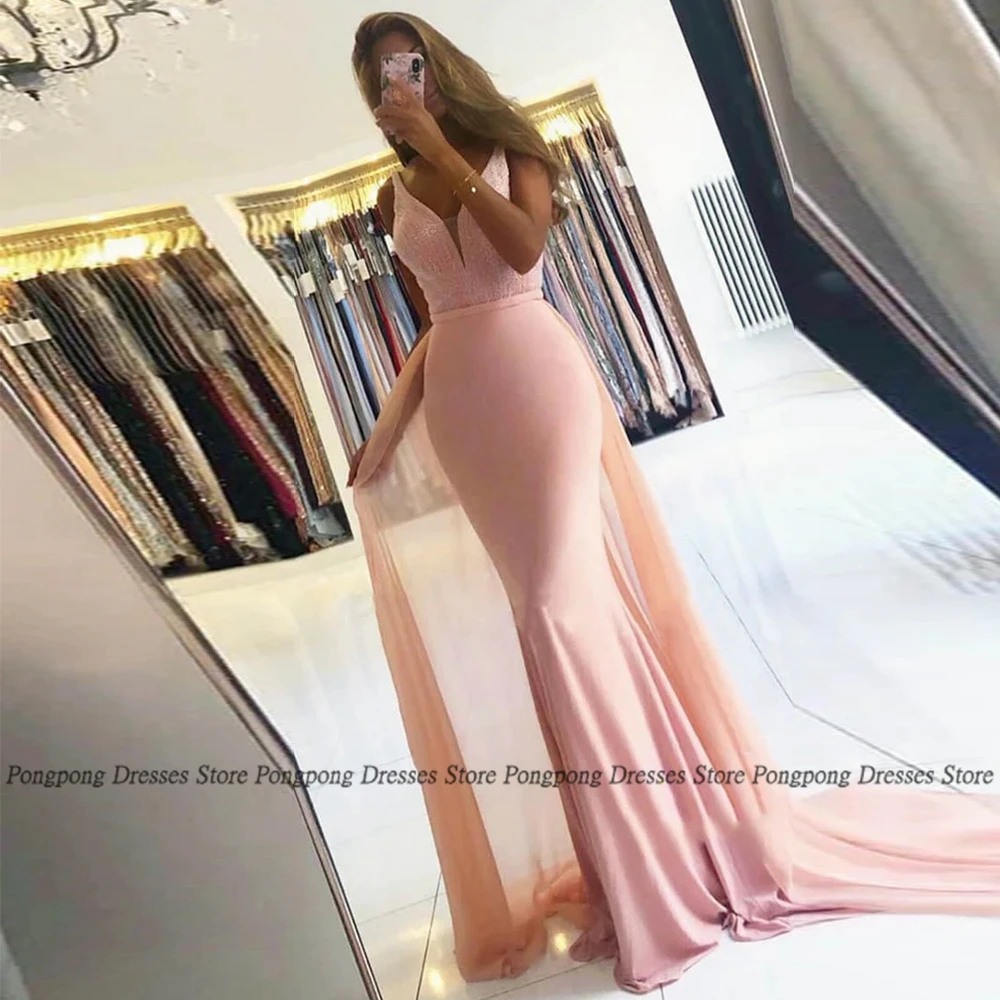 

EOVNI Mermaid Evening Dresses Detachable Sleeveless V Neck Open Back Pary Glitter Floor Length Women Dress Vestidos De Fies