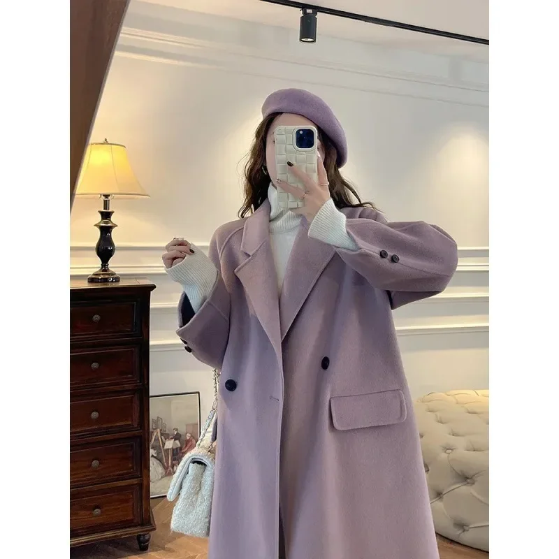 Plus Size Original Hepburn Style Mid-Length Woolen Overcoat Purple Spring Autumn Long Coat For Short Women Outerwear
