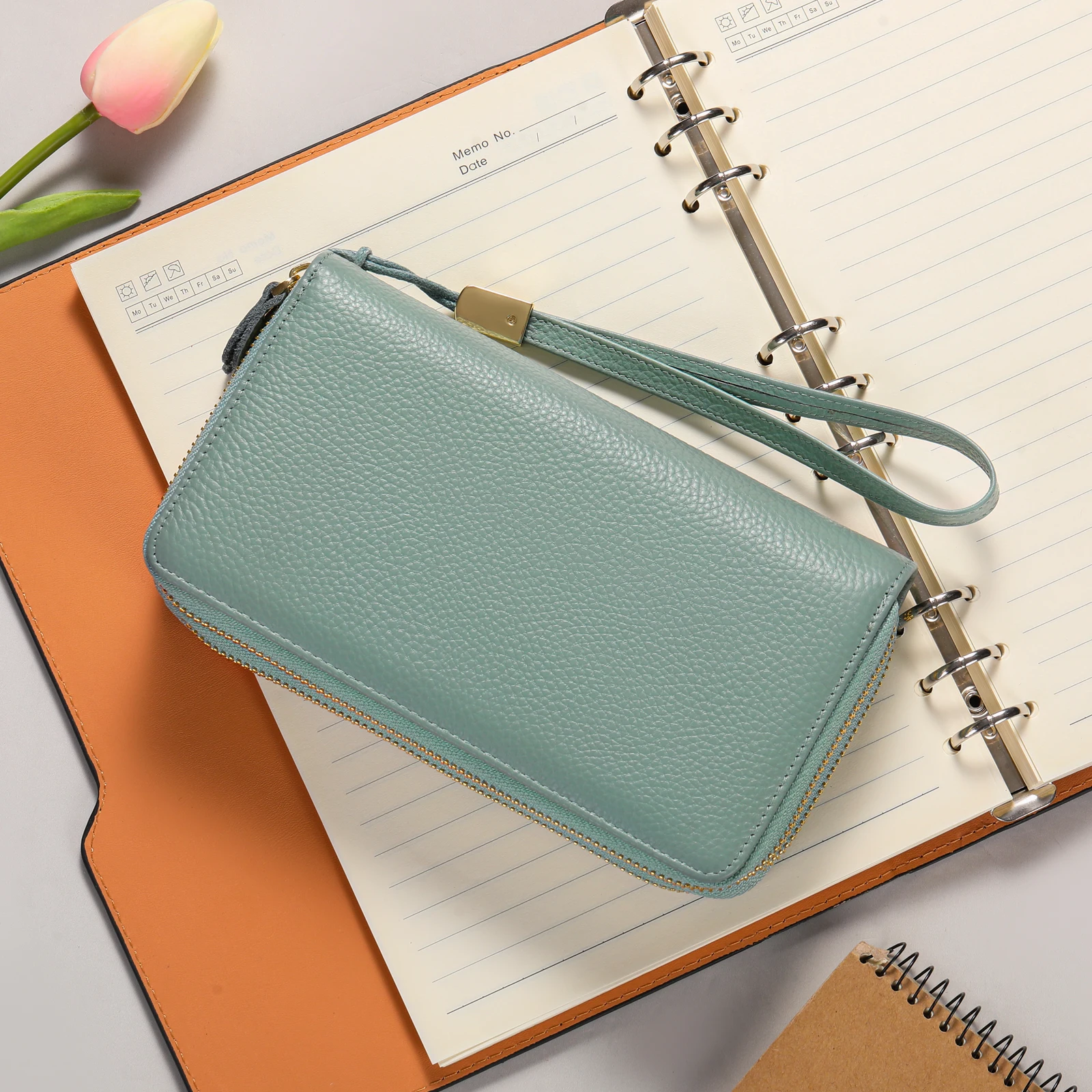 Fashion Double Zipper Long Genuine Leather Women Wallet Female Purses Coin Purse Card Holder Large Capacity Wrist Handbag