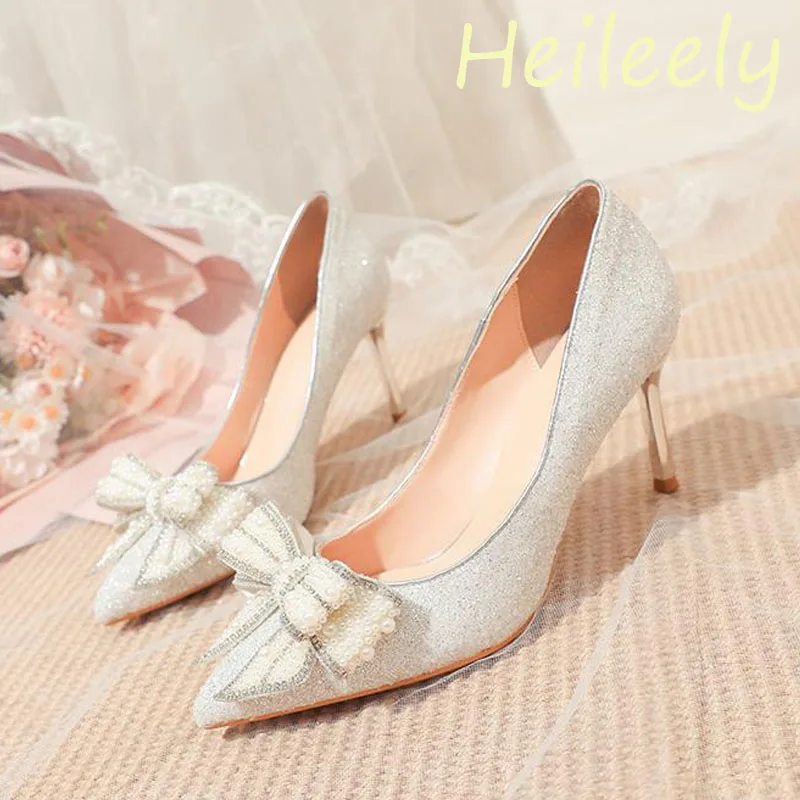 

8cm New Fashion Pointed Toe Sequins with Rhinestone Sexy High Heels Wedding for Women White Shoes 38 39 40