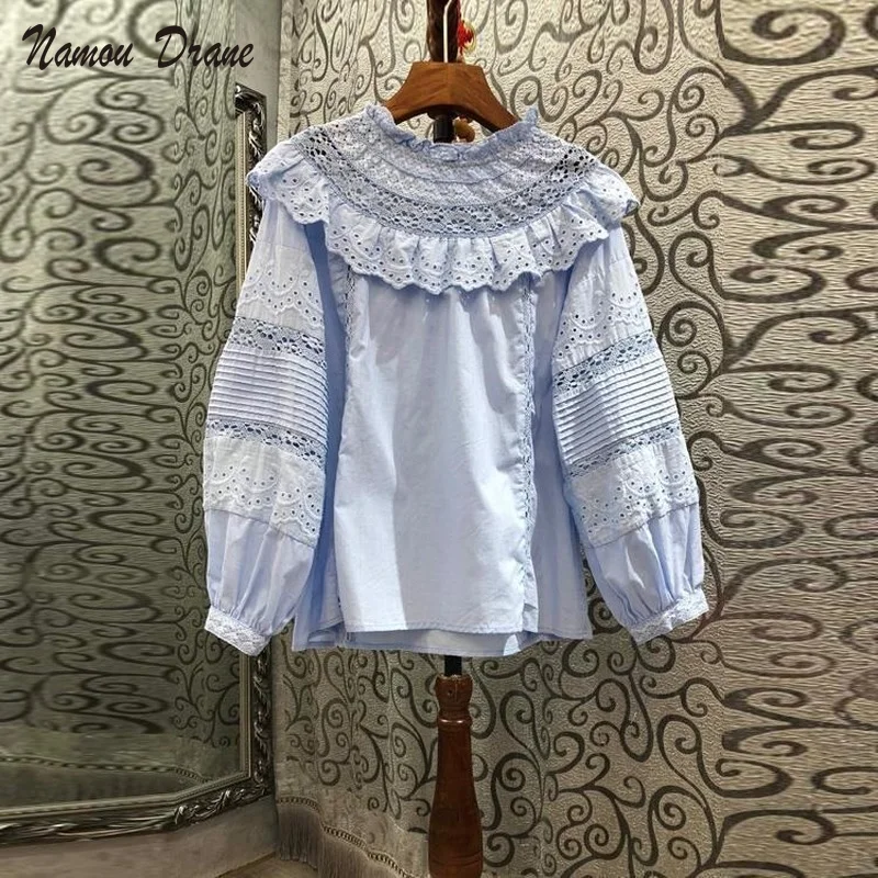 

2022 New Blusas De Mujer Chic Korean Lace Ruffle Blouse Hollow-out Puff Sleeve Stand Neck Woman Shirts Autumn