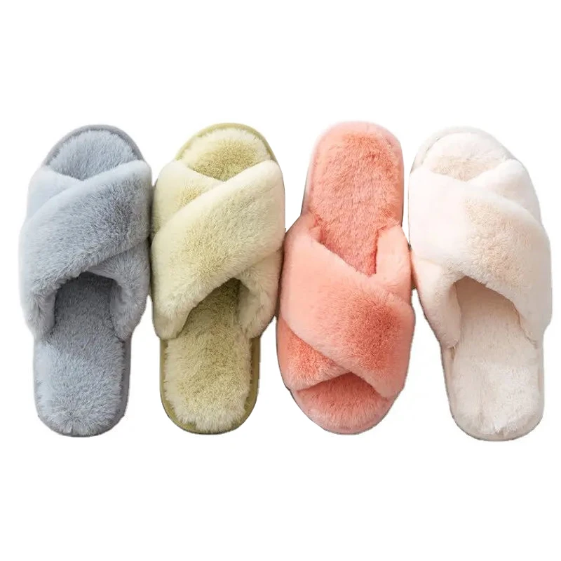 

Winter Slippers Women Fashion Cross Fluffy Fur Slipper Home Slides Platform Flat Indoor Floor Flip Flops Women Ladies Shoes 2023