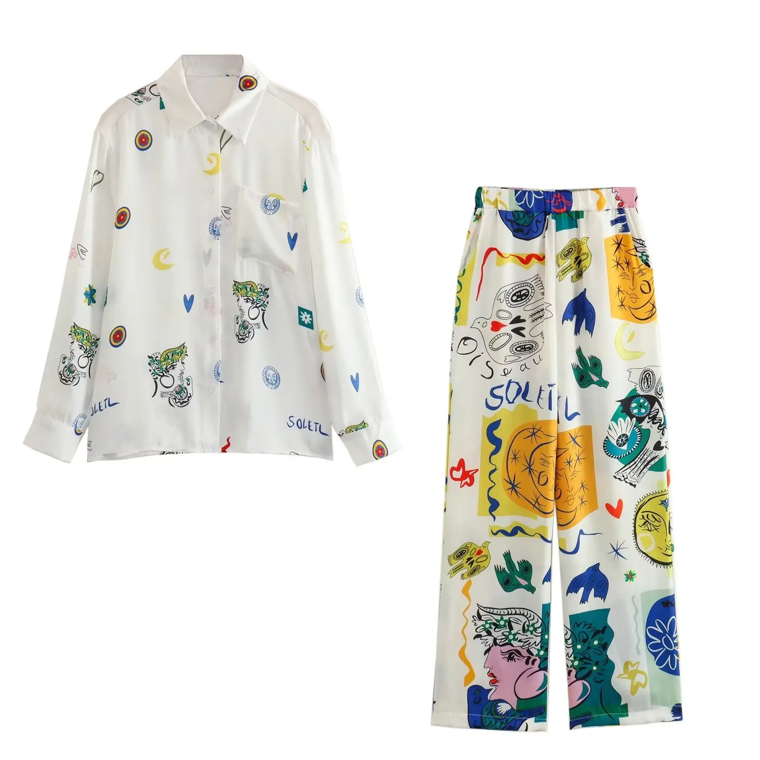 

Set Women 2 Pieces 2023 New Fashion Summer Printed Style Blouses Vintage Printed Slacks Female Shirts Chic Tops