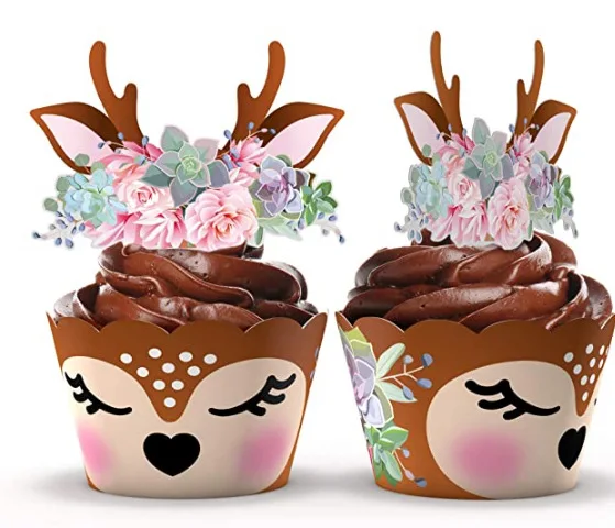 

120 Sets Cartoon Sika Deer Cupcake Wrapper Antlers Paper Cake Toppers Merry Christmas Xmas New Year Birthday Party Decoration