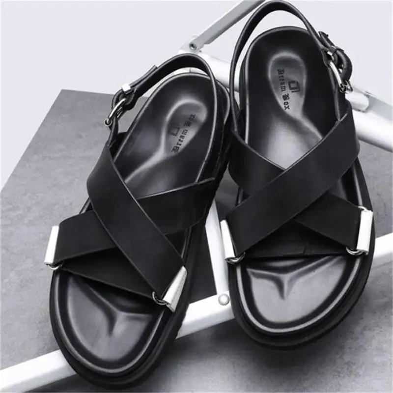 

Sandals Men Shoes PU Black Classic Casual Fashion Beach Street Personality Cross Open Toe Thick Sole Buckle Summer Sandals KB722