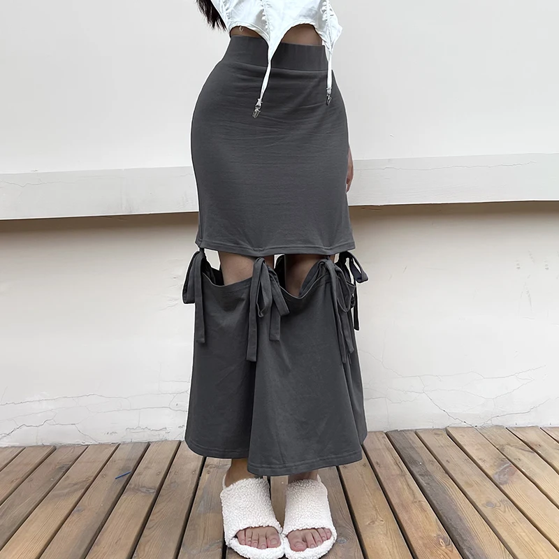 

Винтажная серая юбка в стиле 90-х с высокой талией, облегающая Корейская уличная одежда, длинные юбки с вырезами и завязками, шикарная Женска...