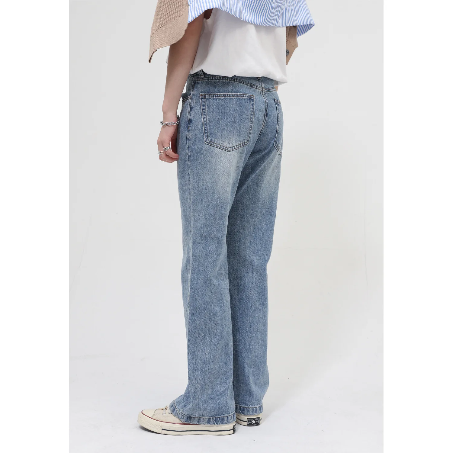 Four Seasons Men's Trousers Loose Solid Color Washed Waist Micro-Flare Jeans Men's Popular Street Men's Ins Hot Sale Baggy Jeans