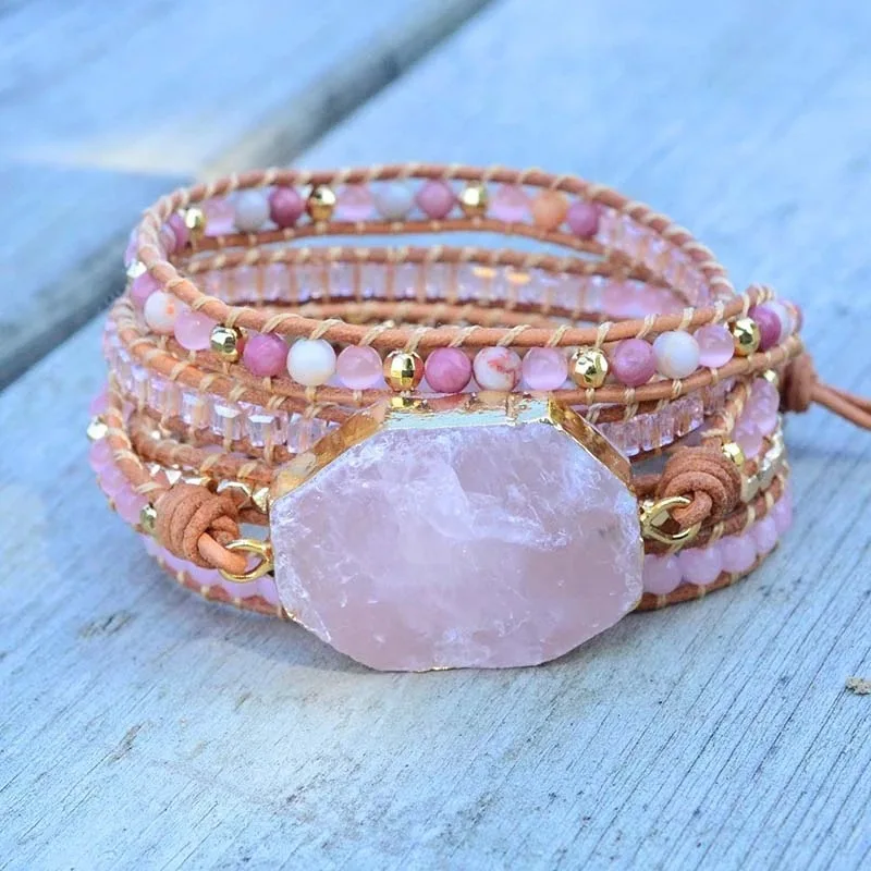 Creative Natural Crystal Cave Stone Gems Bead Boho 5X Wrap Rope Wristband Hand Woven Bracelet Popular Accessories Jewelry