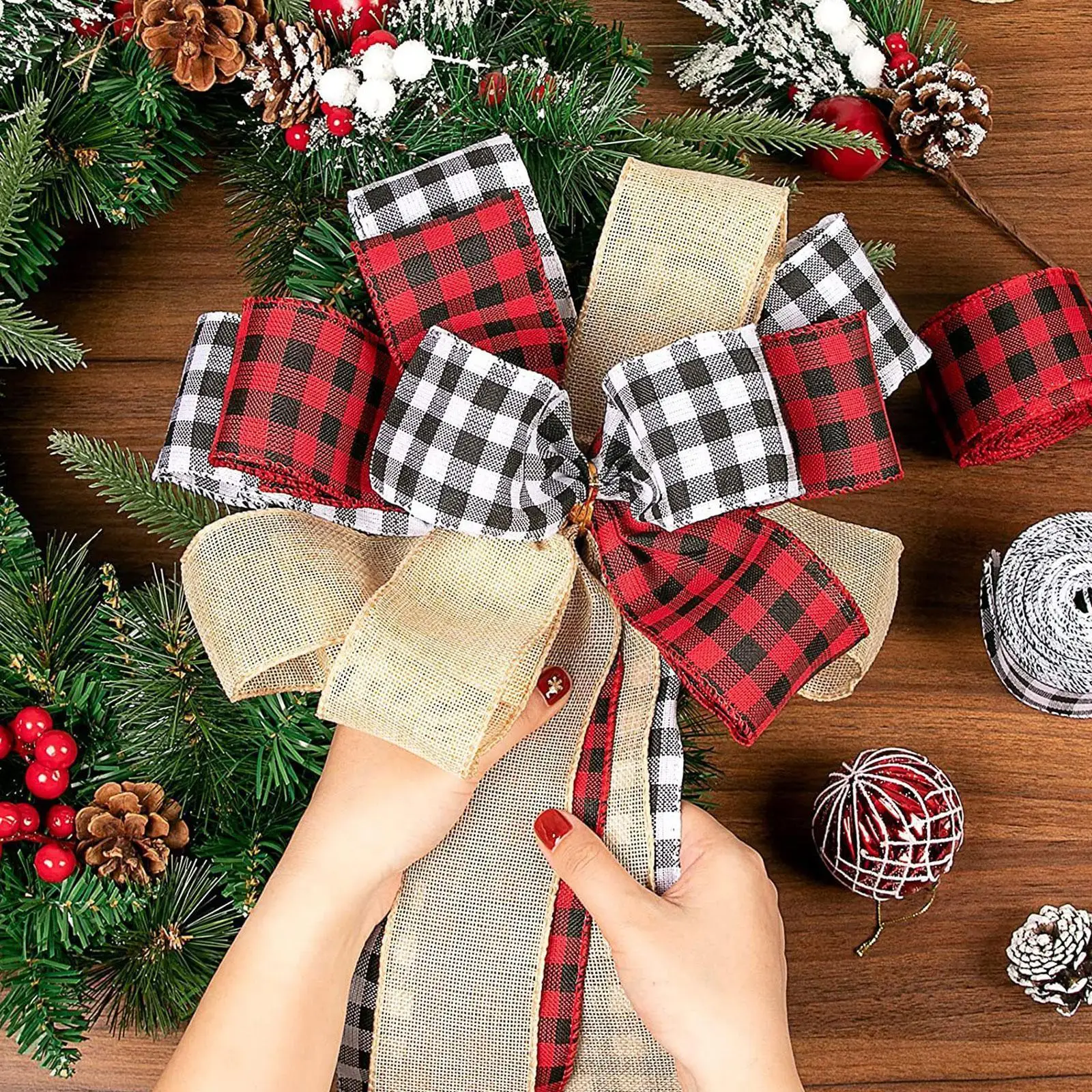 

Super Long Christmas Tree Top Star Bow Christmas Plaid Decorations 33*145cm/12.99*57.08inch Christmas Three-color Tree Bow C3q2