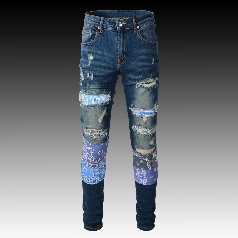 High Street Fashion Men Jeans Retro Blue Stretch Elastic Slim Fit Destroyed Ripped Jeans Men Patch Designer Brand Hip Hop Pants