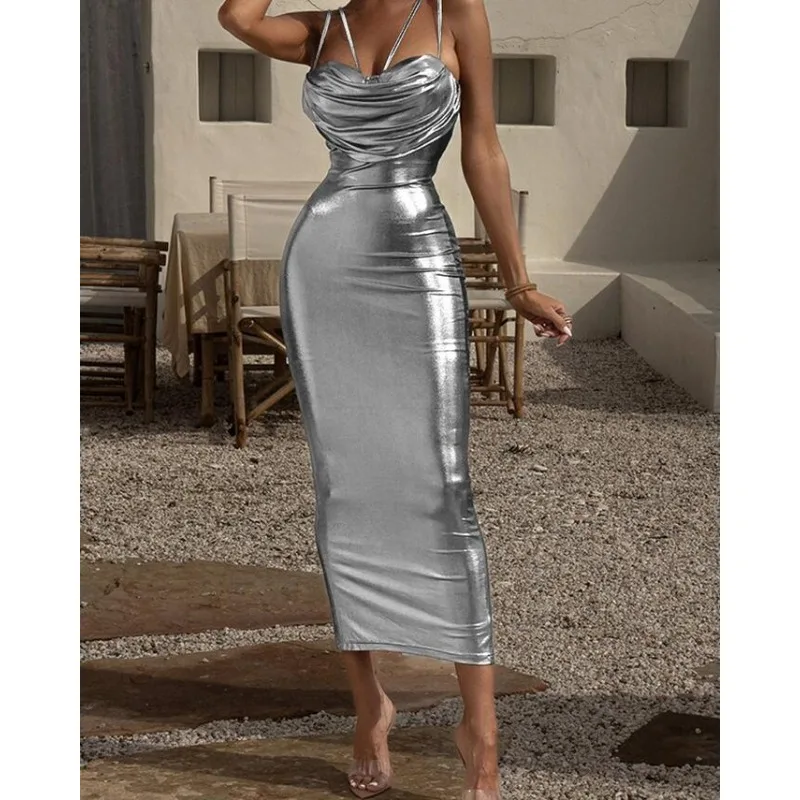 

Wepbel Summer Sleeveless Camis Sheath Dress Y2K Pleated Bodycon Sexy Dress Women Silver Leather Sling Tight Club Party Dress