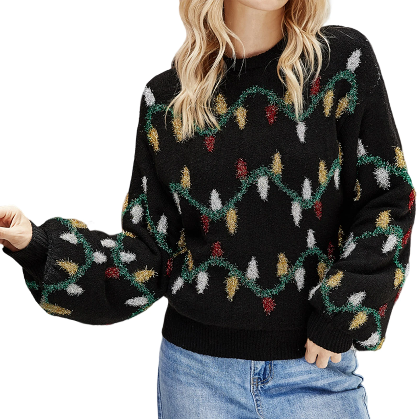 

Female Autumn and Winter Sweate Sweater Christmas Style Coloured Lamp Pattern Crochet Pullovers Y2k Streetwear Casual Knit Top