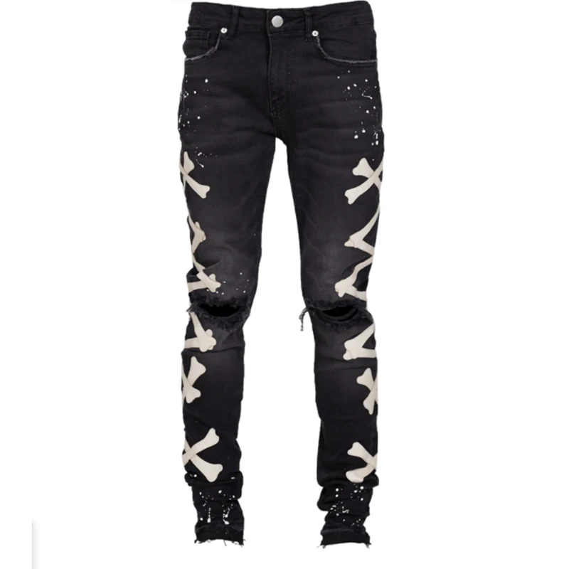 Trendy Street Men's Pants 2023 Knee Hole Slim Straight Trousers Hip Hop Nightclub Premium Jeans Everyday Casual Spodnie Męskie