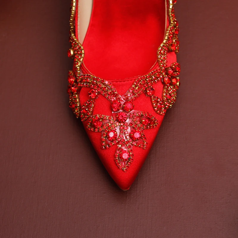 Свадебные туфли с красным кристаллом туфли-лодочки для невесты острым носком на