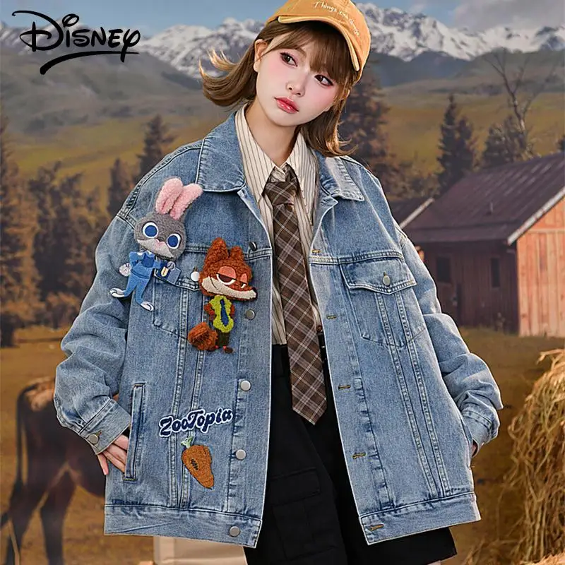 

Cute Spring Kawaii Disney Anime Zootopia Denim Judy Hopps Nick Wilde Distressed Style Cardigan Jacket Cartoon Couple Girl Gift