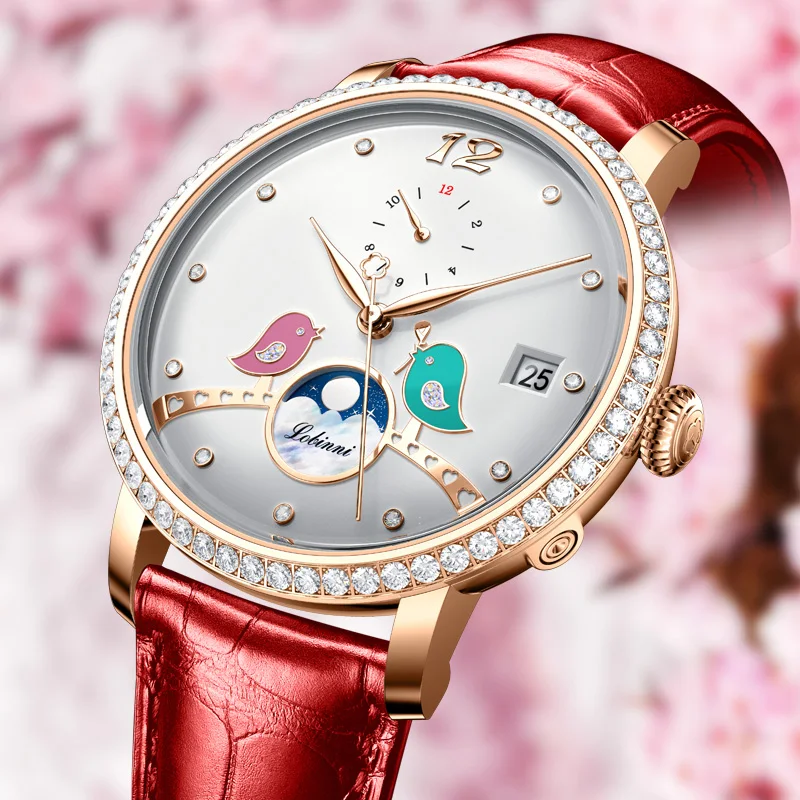 

LOBINNI 2023 Women Elegant Automatic Watches Rhinestone Lady Mechanical Calendar Date Moon Phase Wristwatch Montre Femme Clocks