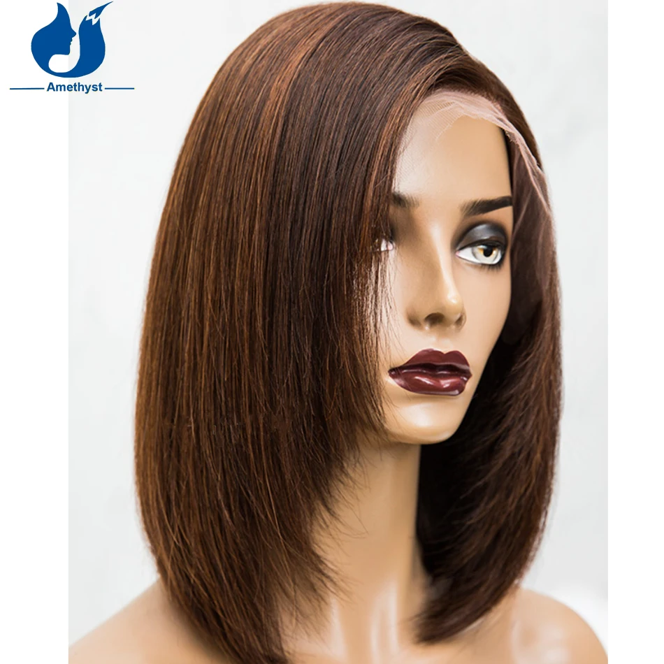 

Amethyst Side Part Brown Highlight Layered Bob Wig 4x4 Lace Closure Human Hair Wigs For Women Ombre T Part Lace Wig Pre Plucked