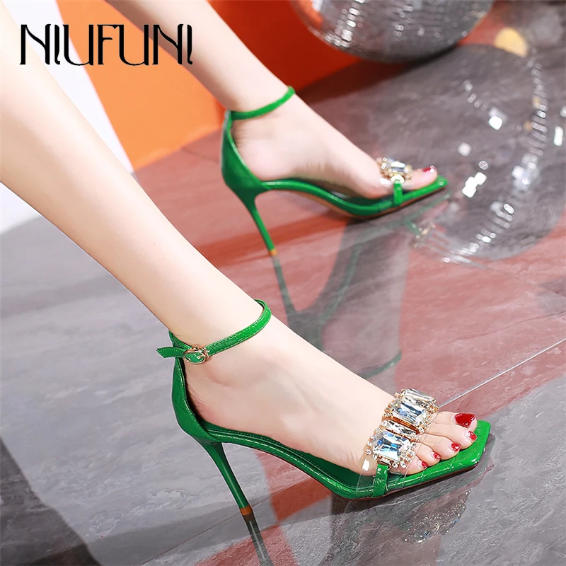 

NIUFUNI Square Toe Transparent PVC Rhinestone Women's Sandals Stiletto High Heel Buckle Solid Color Summer Party Shoes For Women