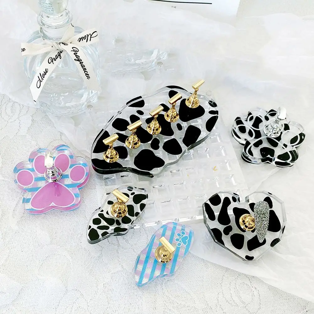 

New Cute Cow False Nail Tips Practice Training Stand Holder Base Cat Claw Acrylic Display Manicure Tools Strong Magnetic