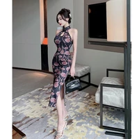 2022 new retro femininity all match hanging collar hollowed out improved cheongsam skirt mid length floral hip dress