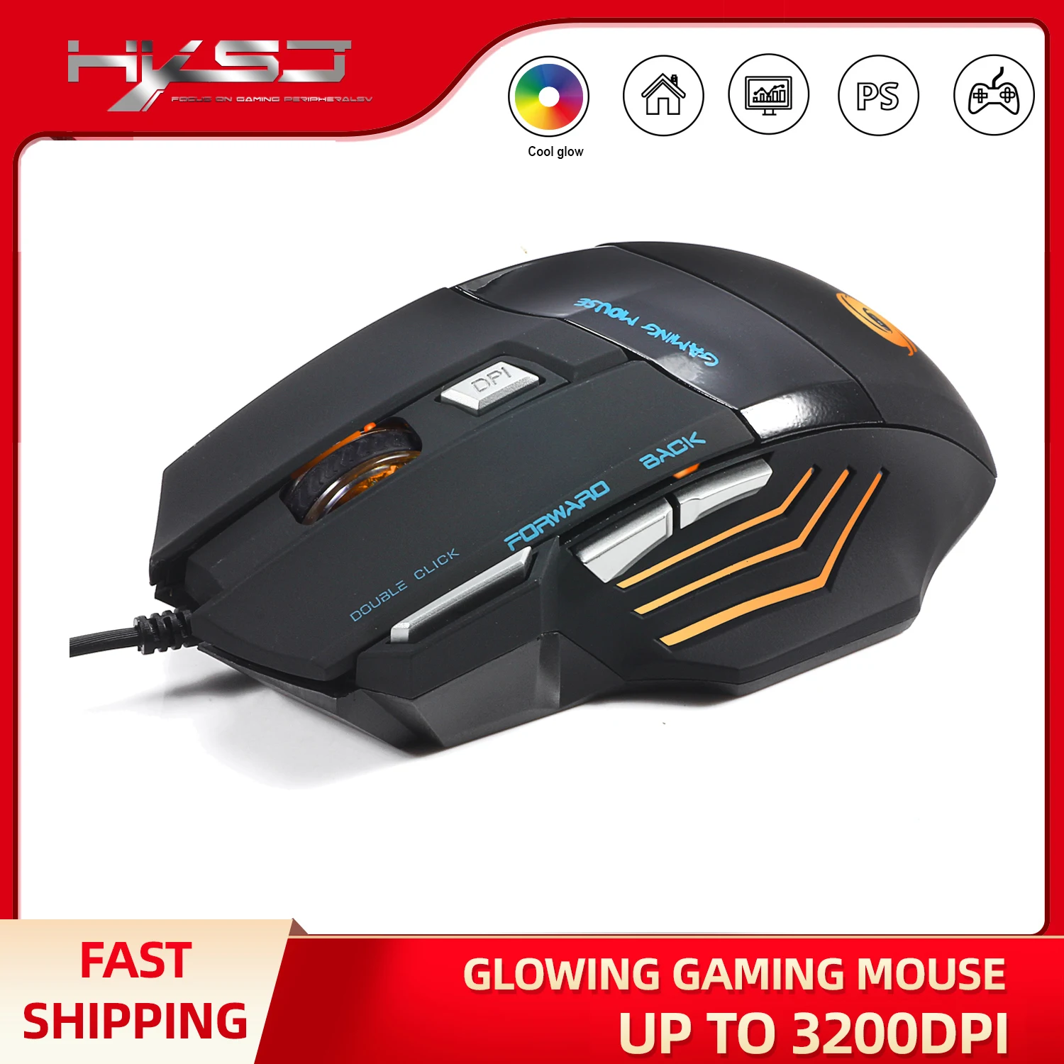 

HXSJ Wired Mouse Optical Colorful Glow 7 Buttons 3200DPI Adjustable 7D Ergonomicals Gaming Mice For Macbook Office Home PC Gamer