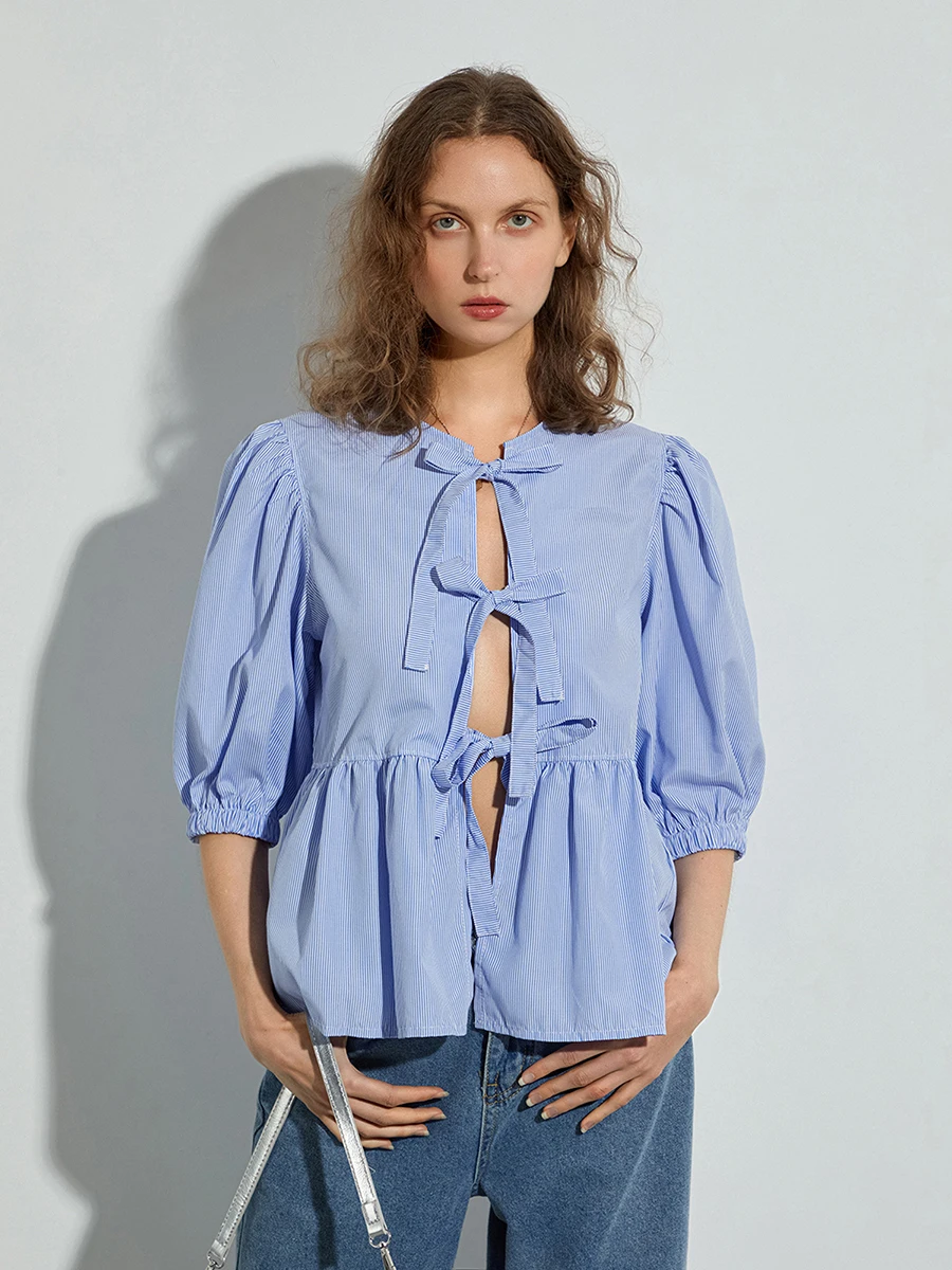 Women’s Bow Tie Front Tops Puff Sleeve Round Neck Striped Print Babydoll Shirts Spring Fall Blouses