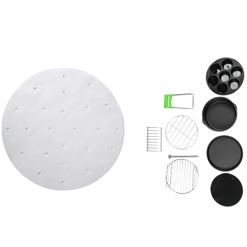 

100Pcs 9Inch Bamboo Steamer Liners, Non-Stick Steamer Mat & 8Pcs 8 Inch Air Fryer Frying Cage Dish Baking Pan Rack