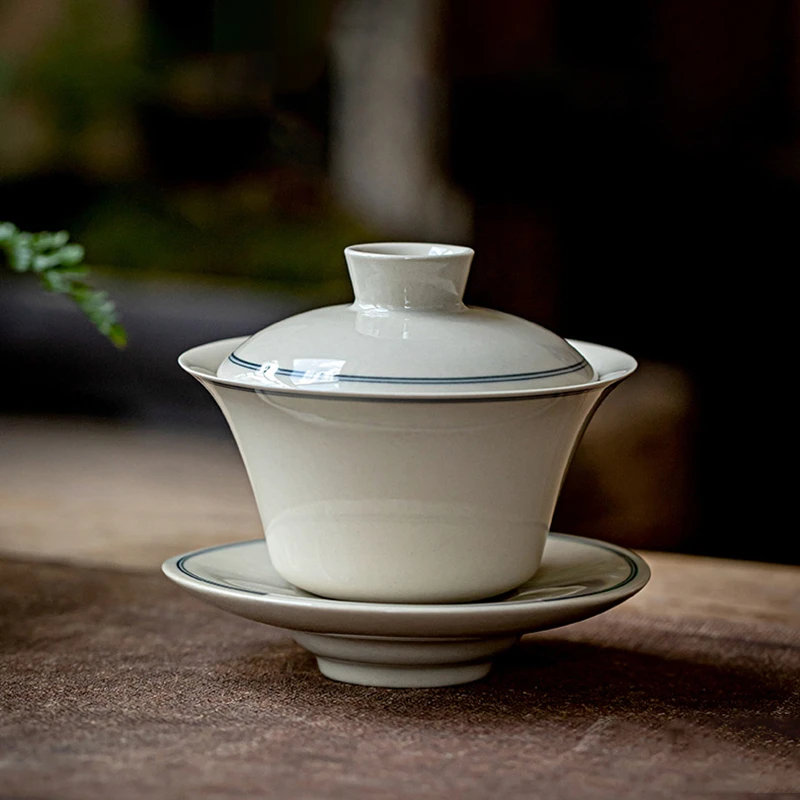 

Line Chinese Ash Color Porcelain Gaiwan For Tea Tureen With Lid Teaware Kung Fu Tea Set Cup Bowls Chawan