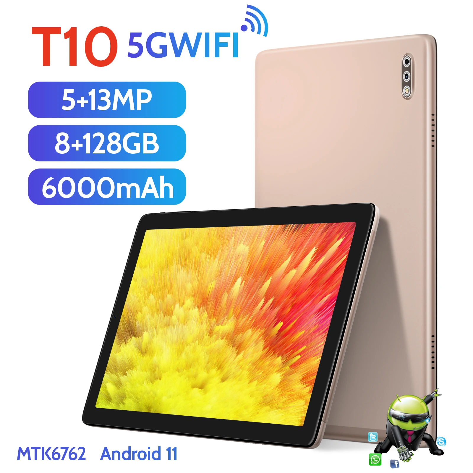 

Горячая Распродажа, настольный ПК T10, 6000 мАч, 10,1 дюйма, MTK6753, 4G, Φ, Wi-Fi, 128 Гб ПЗУ, Google Play, планшет с двумя SIM-картами, Android 11, ПК Pad планшет