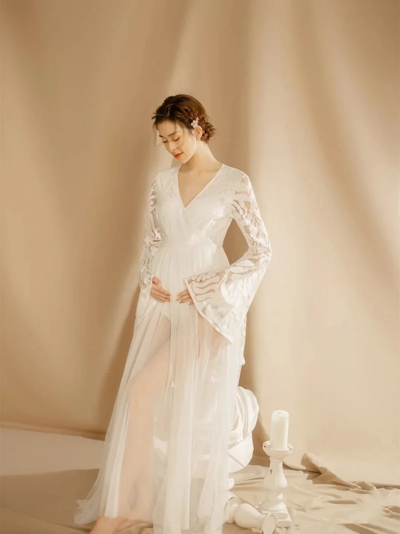 Dvotinst Women Photography Props Elegant Maternity Dresses White Lace V-neck Pregnancy White Dress Studio Shooting Photo Props enlarge