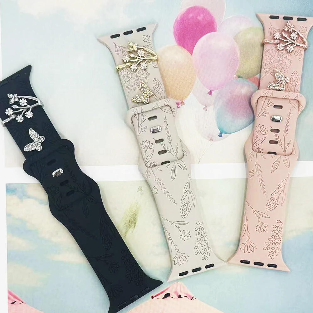 Carved Pattern Slicone band for Apple Watch 40mm 41mm 44mm 45mm 49mm Sport bracelet Strap with decoration charms for iwatch 8 7