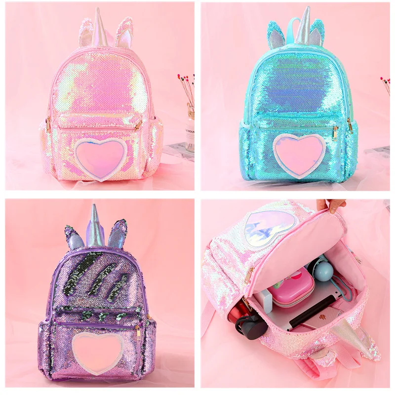 Children Unicorn Sequin Backpack Cartoon School Bag Bookbag Large Capacity Book Storage Double Shoulder Travel Bag