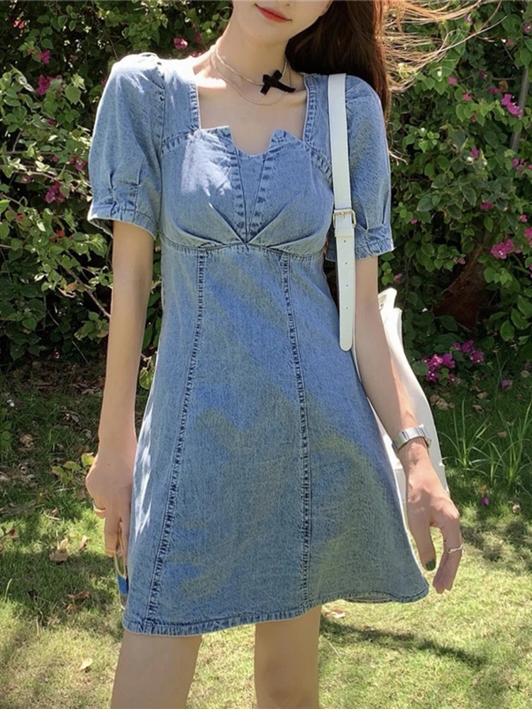 

Solid Color Puff Sleeve Square Collar Cowboy Dress For Women 2022 Summer Female Fashion Slim Fit Clothing G157