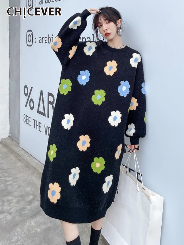 

CHICEVER трикотажные платья с принтом для женщин круглый вырез длинный рукав пуловер хит разноцветное платье женская осенняя одежда мода 2022