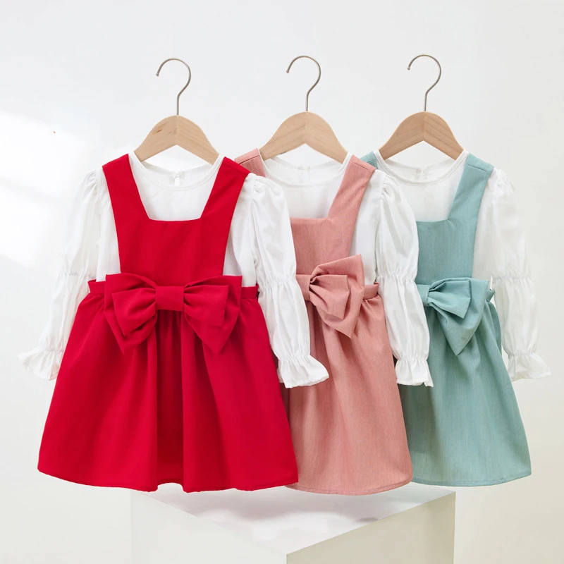 

Girls' Spring/Summer Dress Children's Bow New Fashionable Princess Dress Long Sleeve Two Piece Set