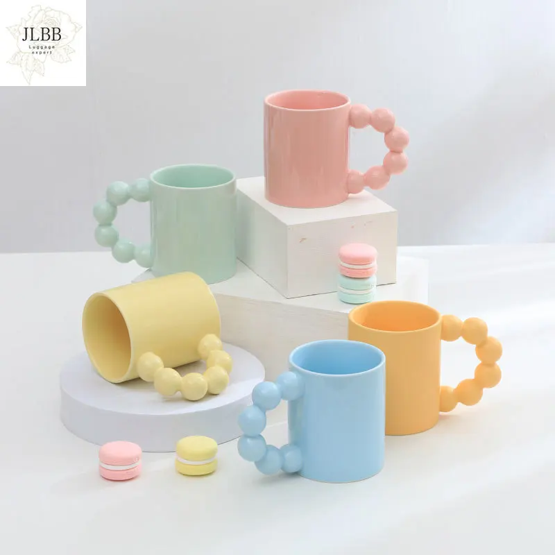 

Cute Candy Colors Ceramic Mugs With Beads Handle Creative Coffee Cups Drinkware Milk Tea Mug Cup Beautiful Wedding Birthday Gift
