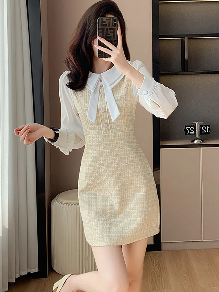 2024 клетчатое лоскутное платье-поло с воротником-поло осенне-зимнее Элегантное