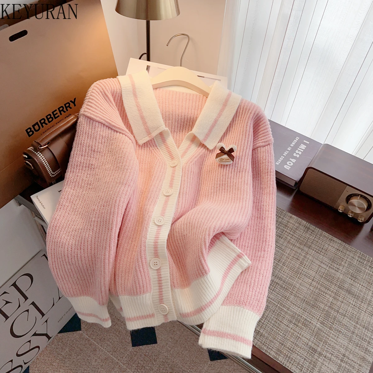 

Contrast Color Knitted Cardigan Sweater Women Korean Fashion Tune-down Collar Long Sleeve Casual Lazy Loose Knitwear Coat Jumper