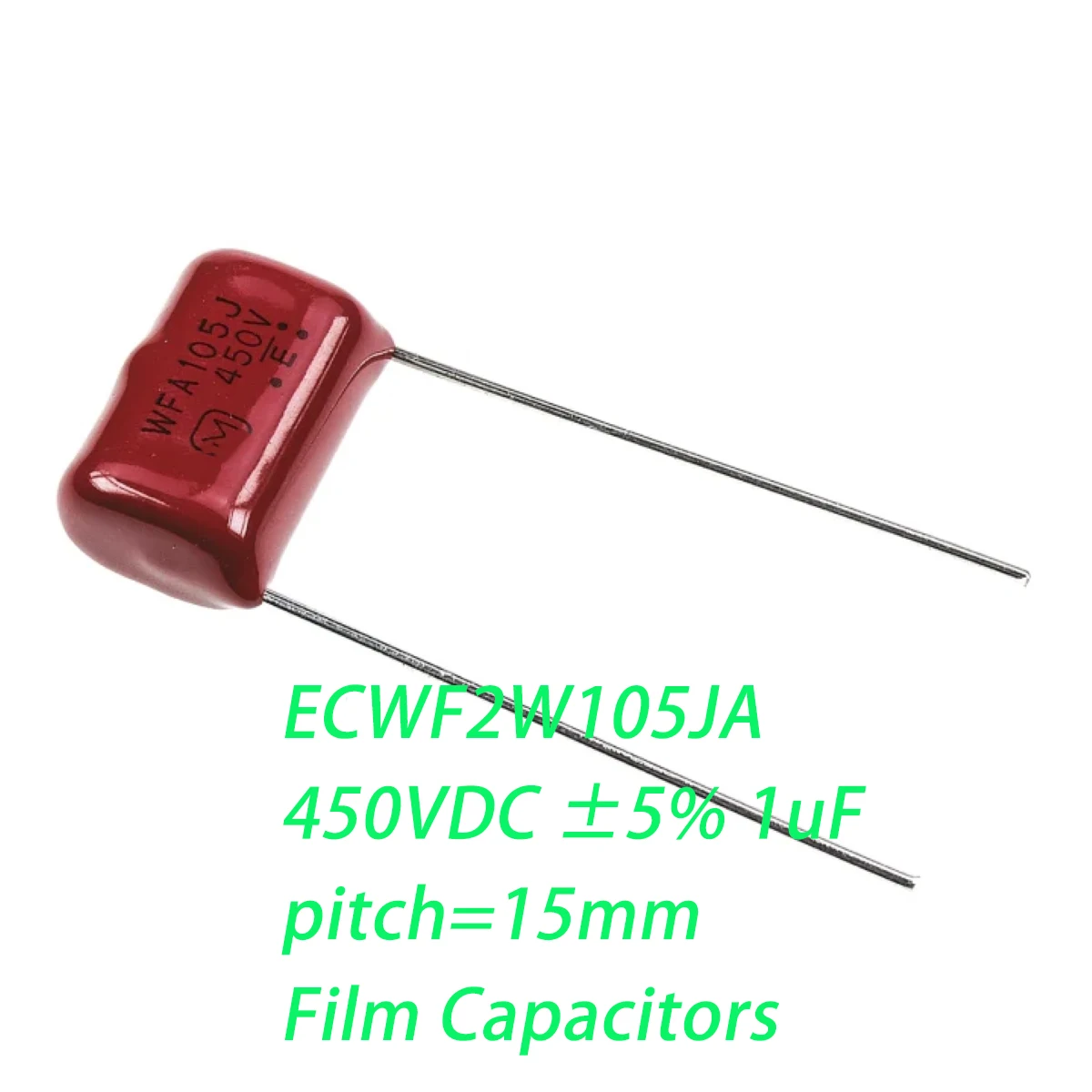 Фото 10 шт. ECWF2W105JA WFA105J 450V, шаг выводов 15 мм, 450VDC ±5%, 1 мкФ, 1000 нФ, 1000000 пФ, 0.000001Ф, НОВЫЕ оригинальные пленочные конденсаторы CBB №1
