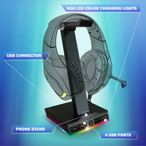 

TikTok RGB Bugha LED Gaming Headset Stand w/ 4 USB Ports & Phone Charging Stand