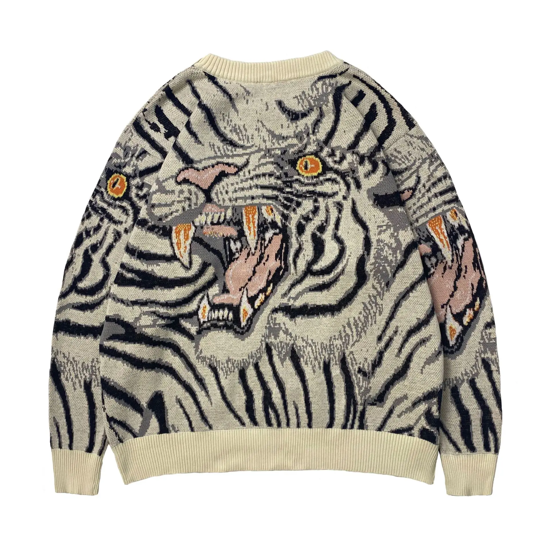 Men's Original Street Personality Jacquard Tiger Totem Round Neck Japanese Vintage Knitting Long-Sleeved Pullover Sweater