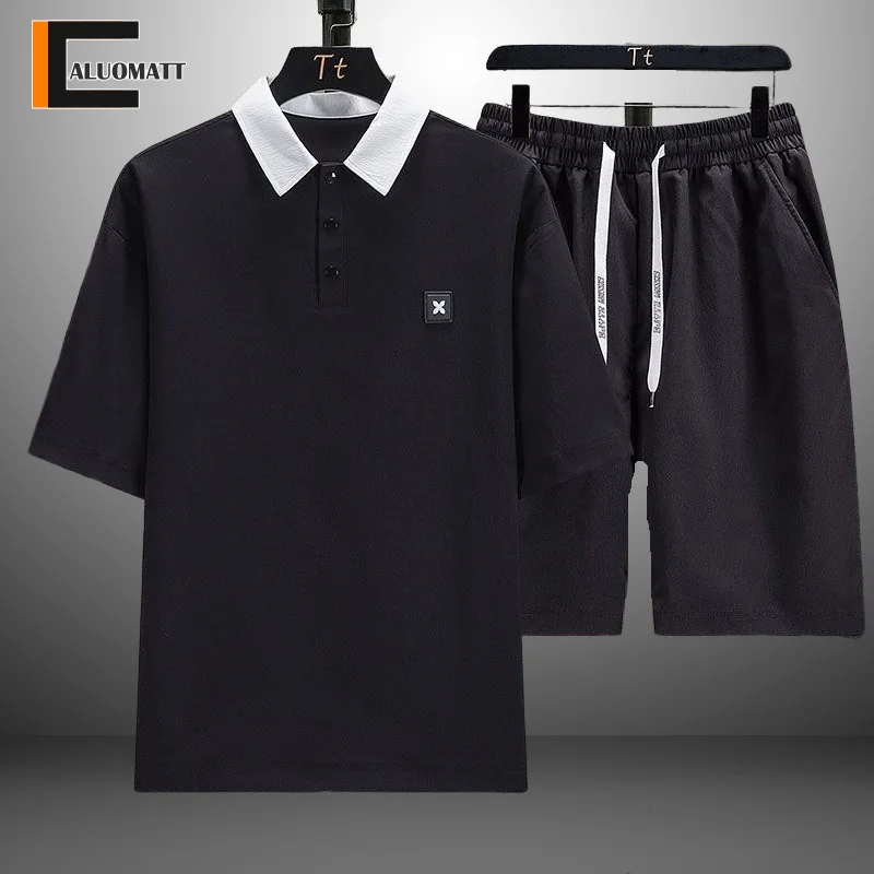 

Men's Suit Men's T-Shirt Summer Business Casual Turndown Collar Top Five Point Shorts Two-Piece Loose Streetwear Men Clothing