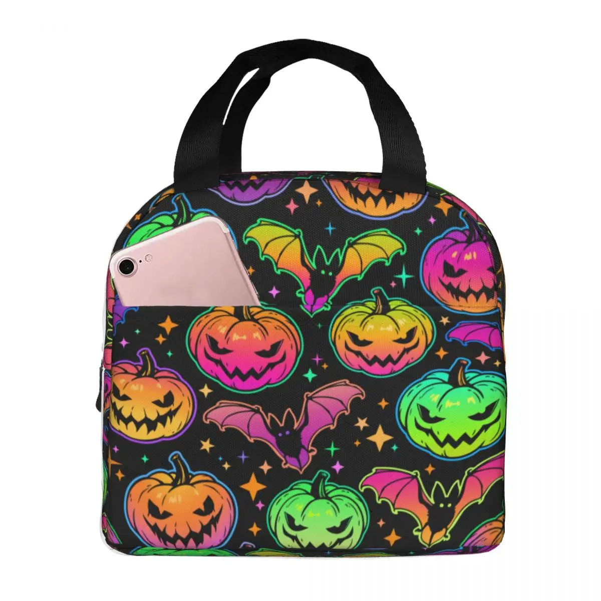 Lunch Bag for Women Kids Halloween Pumpkins Bats Insulated Cooler Bags Waterproof Picnic School Canvas Tote Food Bag