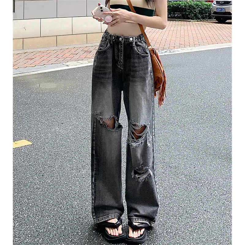 

Jeans With Holes Women's Palazzo Pants Y2k Baggy Vintage Clothes 90s Streetwear Wide Leg Trousers Womens Clothing Urban Grunge