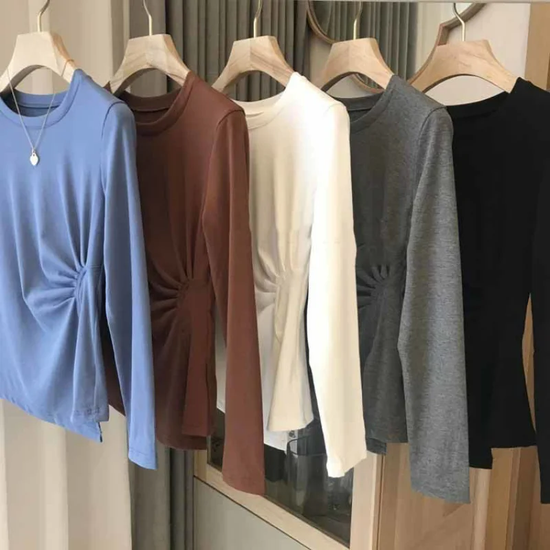 

Side Folds Woman T-shirts Slim Y2k Long Sleeve Female T Shirt Women Korean Style Solid Basic Tshirt O Neck Autumn Top Tee 2022
