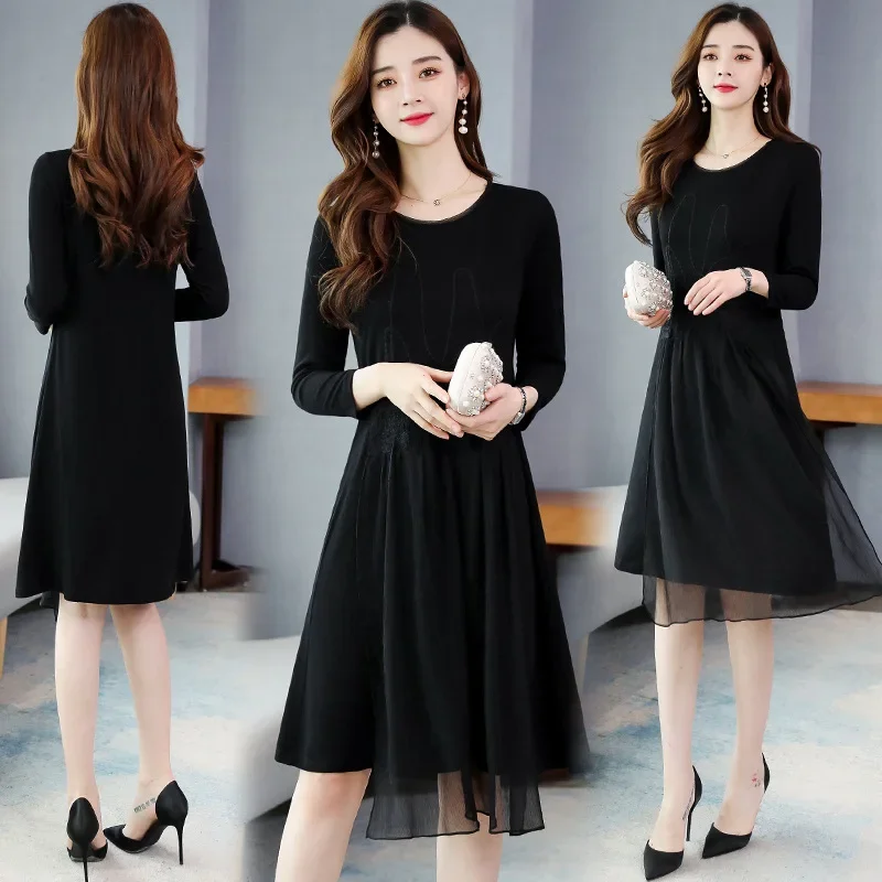 Женское трикотажное платье шифоновое средней длины с длинным рукавом круглым