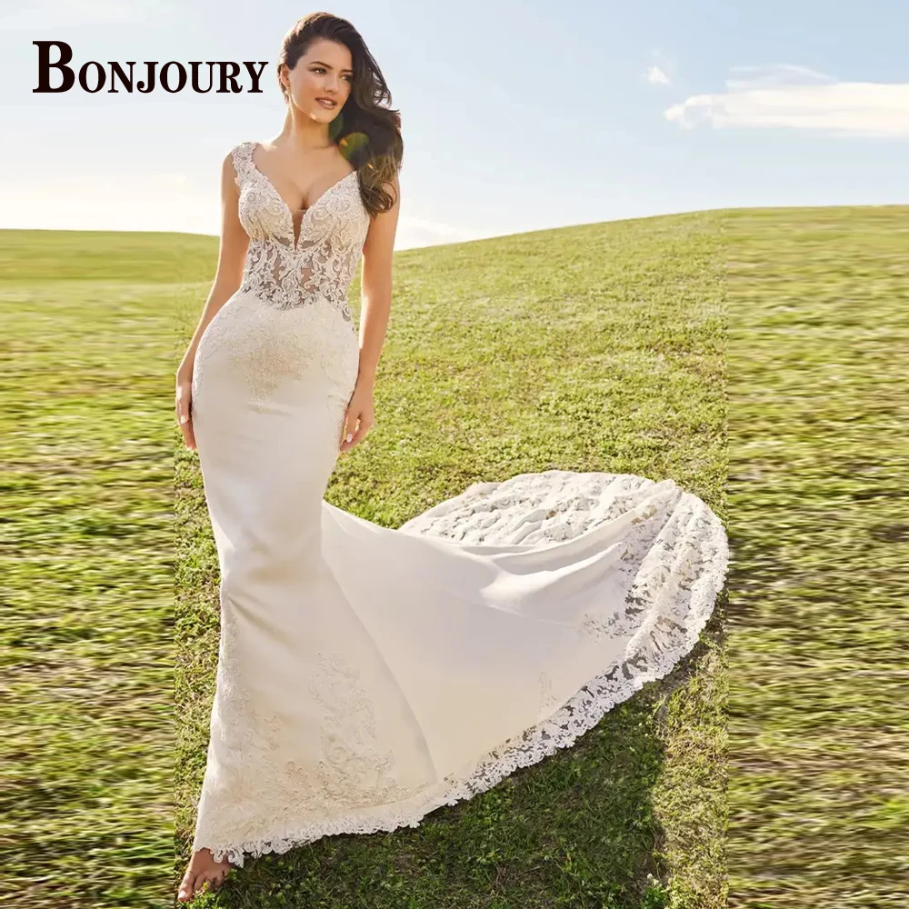 

BONJOURY Modern Wedding Dress Cap Sleeves Sweetheart 2023 For Women Bride Mermiad Vestidos De Noiva Appliques Made To Order