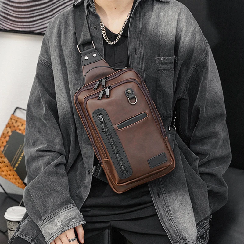 Medium Size Man Chest Backpack Dark Brown Colour Outdoor Shoulder Sling Bags Leather Crossbody Purse Cross Body Bag Men